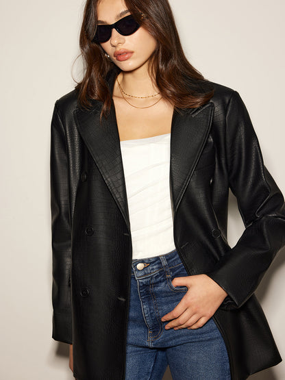 Timsah PU Deri Düğme Blazer