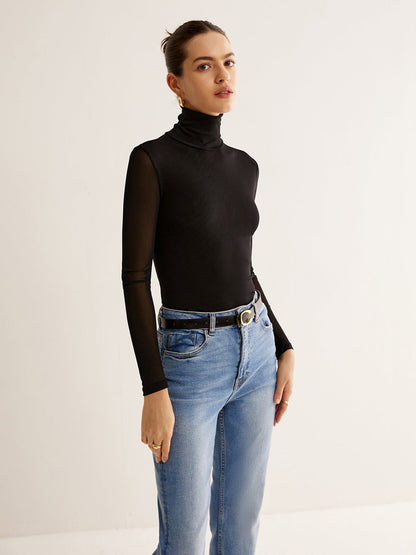 Turtleneck Şeffaf Kollu Jersey Üst