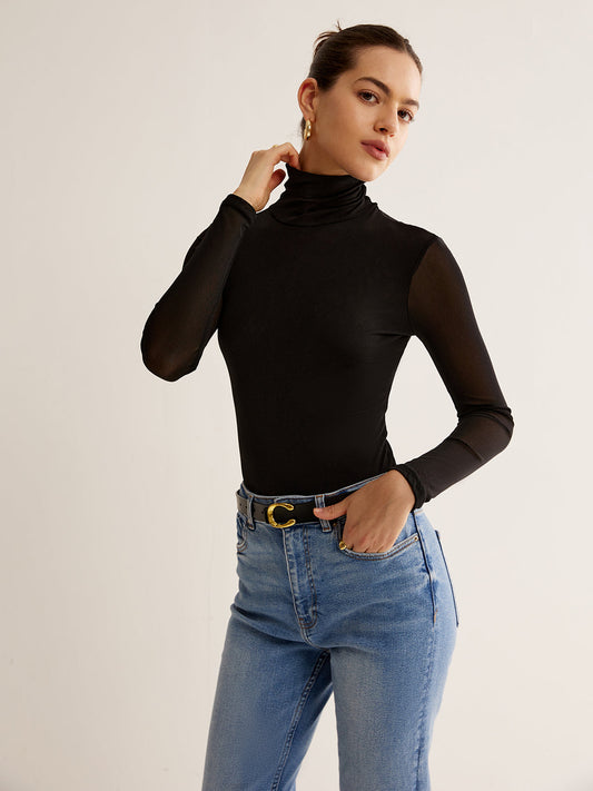 Turtleneck Şeffaf Kollu Jersey Üst