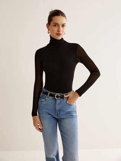 Turtleneck Şeffaf Kollu Jersey Üst