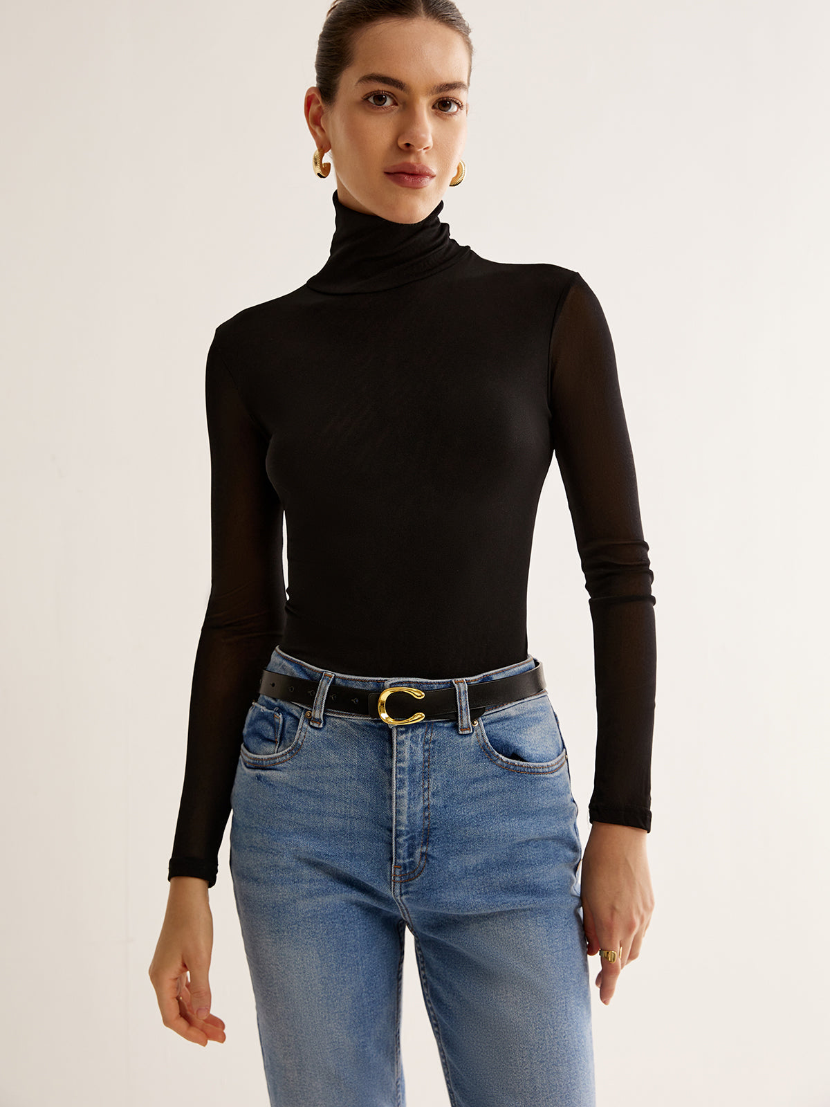 Turtleneck Şeffaf Kollu Jersey Üst