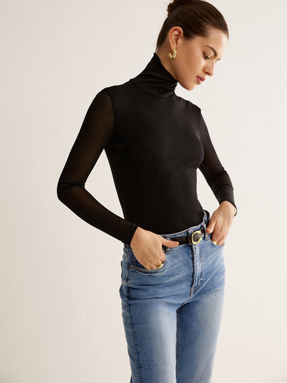 Turtleneck Şeffaf Kollu Jersey Üst