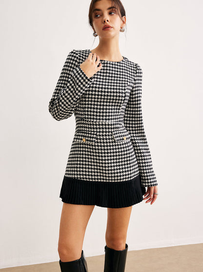 Houndstooth Panel Kısa Elbise