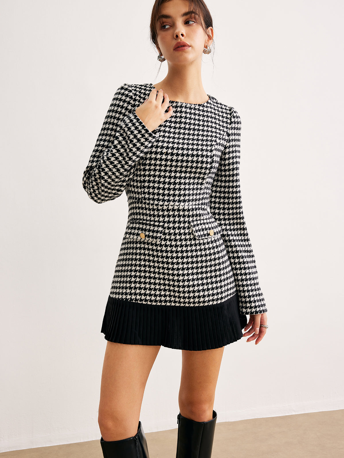 Houndstooth Panel Kısa Elbise