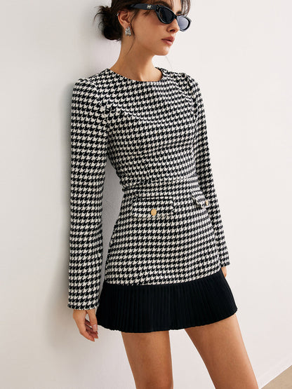 Houndstooth Panel Kısa Elbise