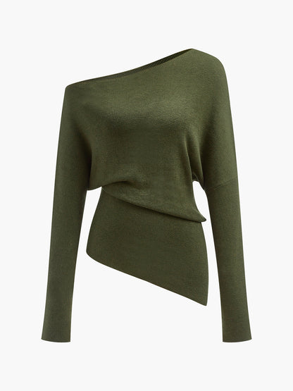 Wool-Blend Asymmetrical Neck Knit Top