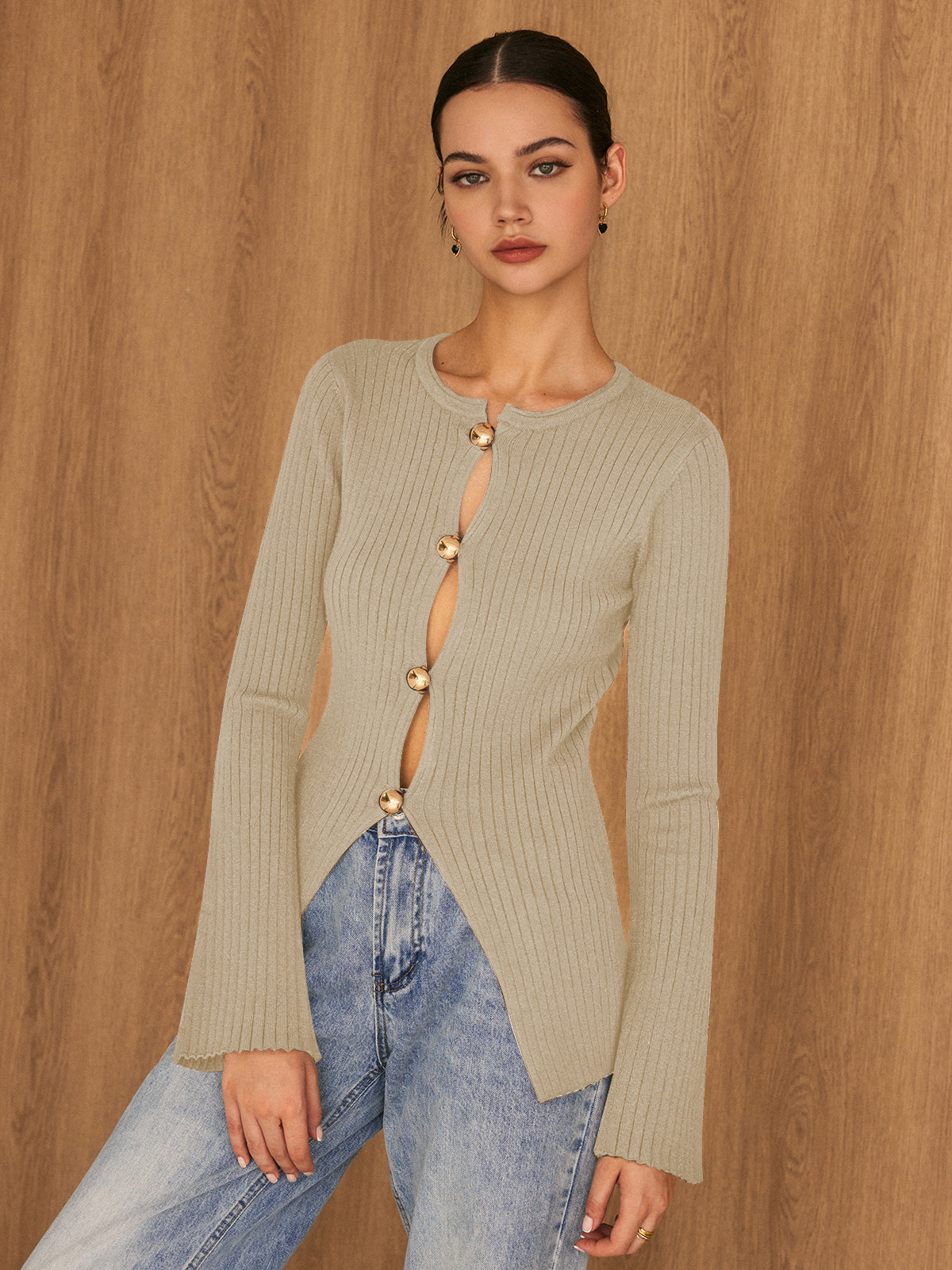 Golden Button Split Knit Top