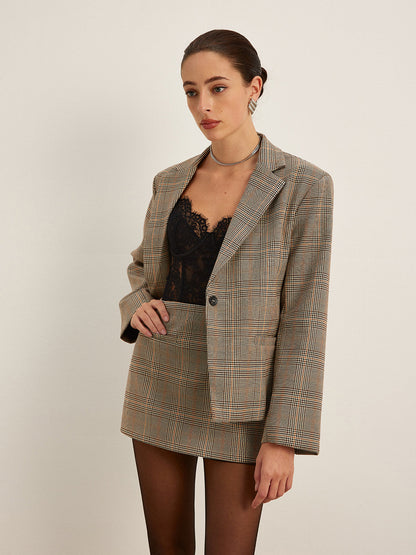 Kareli Düğmeli Yırtmaçlı Blazer