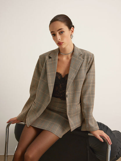Kareli Düğmeli Yırtmaçlı Blazer