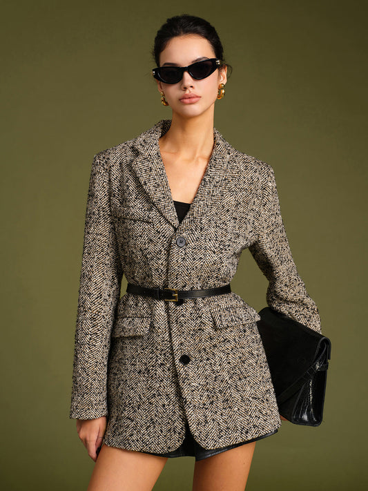 Chevron Tweed Kemerli Blazer