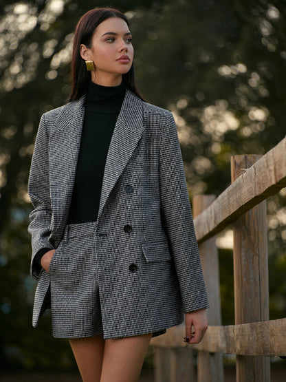 Houndstooth Düğmeli Tweed Blazer