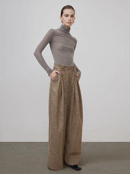 Orta Bel Tweed Pileli Geniş Paça Pantolon