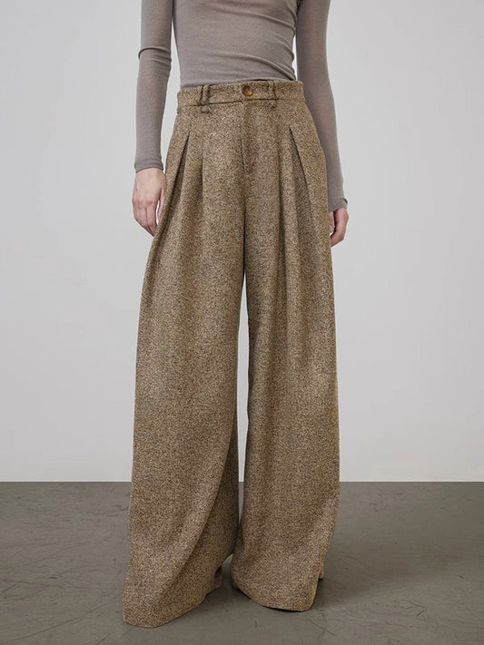 Orta Bel Tweed Pileli Geniş Paça Pantolon