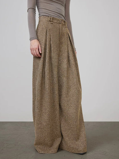 Orta Bel Tweed Pileli Geniş Paça Pantolon