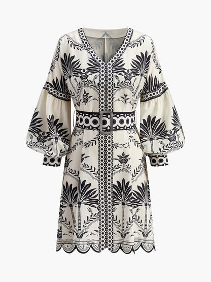 Boho Print V-Neck Belted Dress