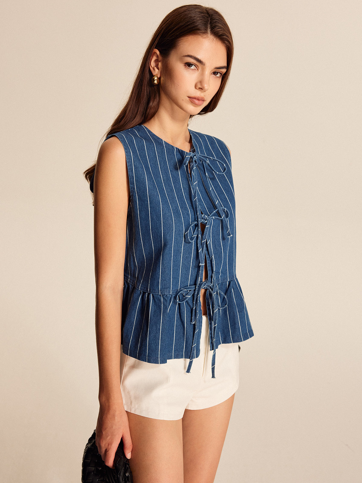 Stripe Bow Lacing Denim Vest