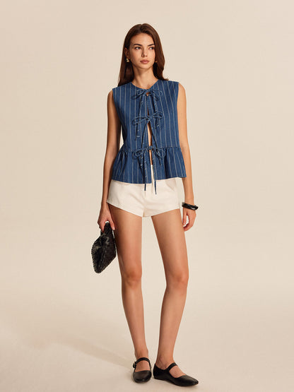 Stripe Bow Lacing Denim Vest